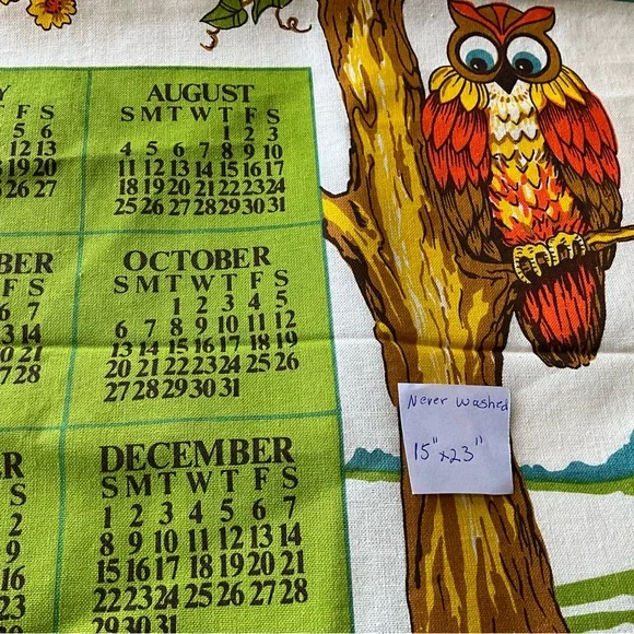 Vtg Tea Towel Calendar Owls In Tree Give Thanks Fruits Flowers Mushrooms - Picture 8 of 9